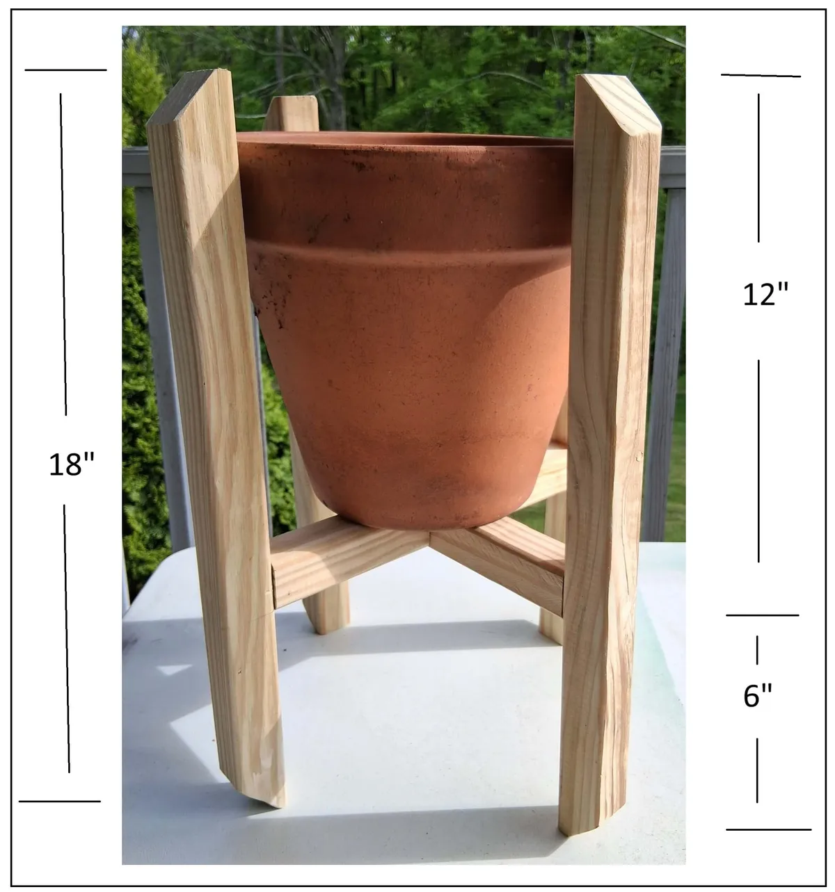 Handcrafted wooden plant stand for clay pots Brookside Farm Southborough Massachusetts